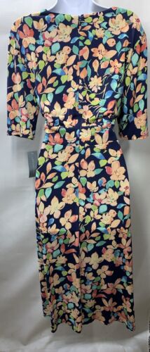 London Times Women's Inset Waist Midi Dress Navy Melon Casual Size 14 Floral