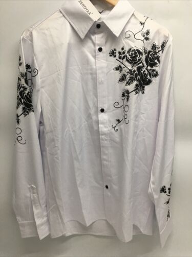 Men's Medium Hipster Rose Floral Printed Slim Fit Long Sleeve Button Up Party D