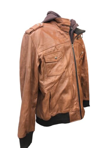 Mens Genuine Black Hooded Bomber Leather Jacket | Real Lambskin Waxed Brown Leat