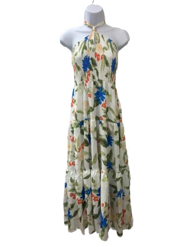 Grace  Karin NEW Ivory Maxi Halter Strapless Smocked Dress Floral Pattern Size S