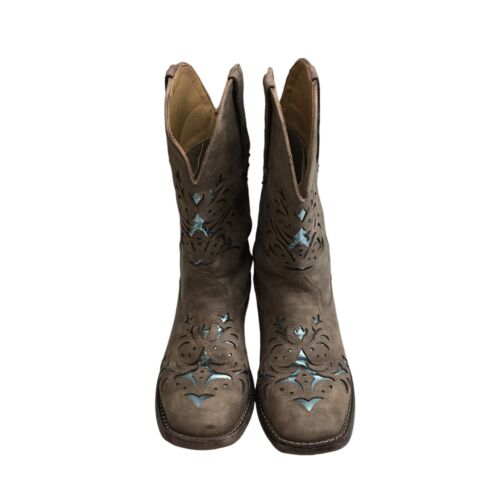 Women's Brown Faux Leather Turquoise Glitter Inlay Square Toe Boots Size 8.5