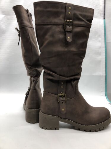 Global Win Brown Knee High Riding Boots Chunky Low Heels For Women Size 7 US