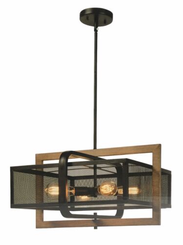 Manor Brook Elroy MB00876 4-Light Black and Wood Grain Pendant 12.75" H 21.5" W