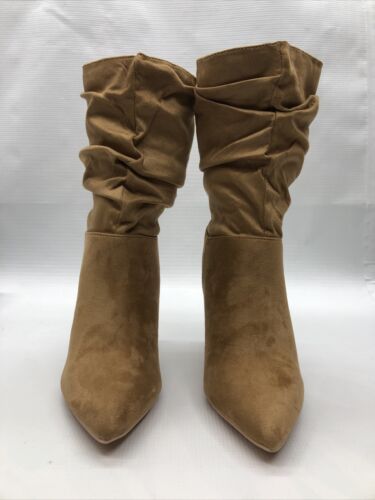 Coutgo Women's Mid Calf Slouchy Boots Suede High Heel Slip-on Stiletto Size 7.5