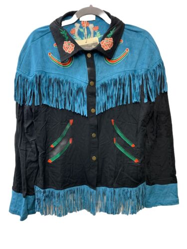 JOHN MOON Womens Embroidered Western Button Up Shirt Suede Fringe Cowgirl Size L