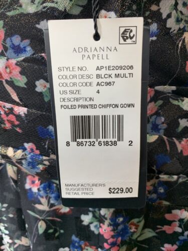 ADRIANNA PAPELL Foil Floral Printed Chiffon Gown Size 4 Multi Black AP1E209206