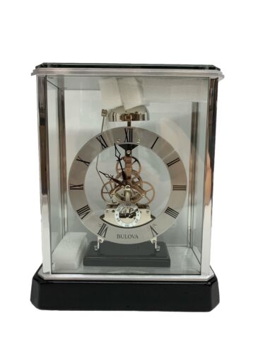 Bulova Vantage Skeleton Mantel Clock B2023 Analog Modern Glass & Chrome Case