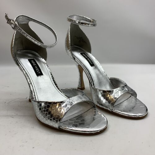 OINine West Women Kheri Heeled Dress Sandal Silver Size 6 Open Toe Tapered Heel