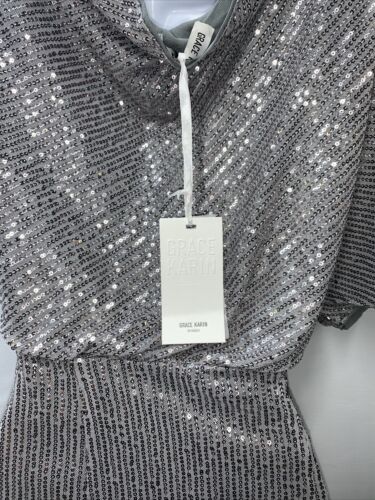 Grace Karin Silver Sequined Wrap Formal Dress One Shoulder Sleeve Size Medium