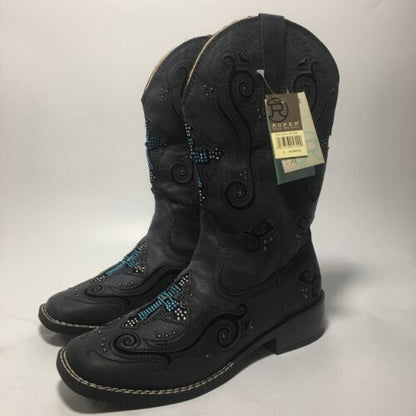 Roper Boots Ladies Black Faux Leather Crystal Cross Faith Cowboy Size 6