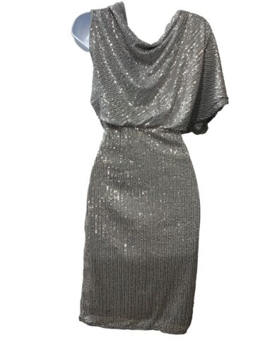 Grace Karin Silver Sequined Wrap Formal Dress One Shoulder Sleeve Size Medium