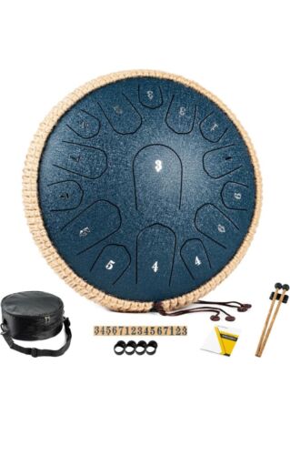 Steel Tongue Drum 13 Inch 15 Notes Tongue Drum Hand Pan Navy Blue with Case Bag