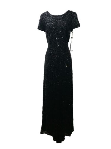 Adrianna Papell Size 8 Short Sleeve All Over Sequin Scoop Back Gown Dress Black