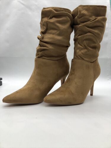 Coutgo Women's Mid Calf Slouchy Boots Suede High Heel Slip-on Stiletto Size 7.5