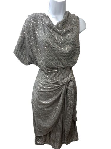 Grace Karin Silver Sequined Wrap Formal Dress One Shoulder Sleeve Size Medium