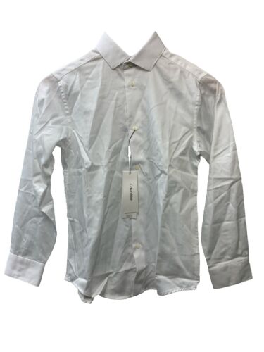 Boys Calvin Klein Long Sleeve Sateen Button Cuffs Dress Shirt White Size 12