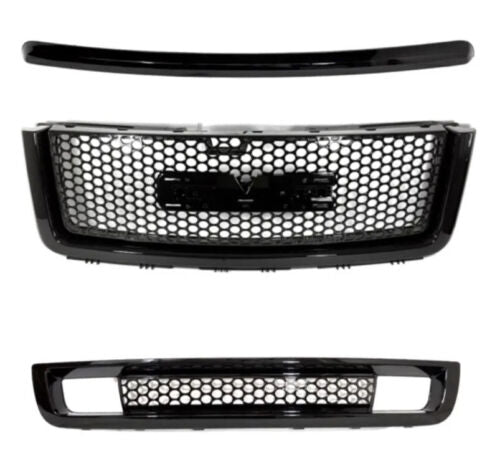 For 07-13 GMC Sierra 1500 Denali Upper Lower Grille And Molding Gloss Black 3PCS