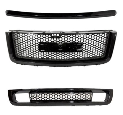 For 07-13 GMC Sierra 1500 Denali Upper Lower Grille And Molding Gloss Black 3PCS