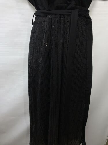 Grace Karin Sequin Cocktail Party Midi Dress Tie Waist Side Slit Size XL Black