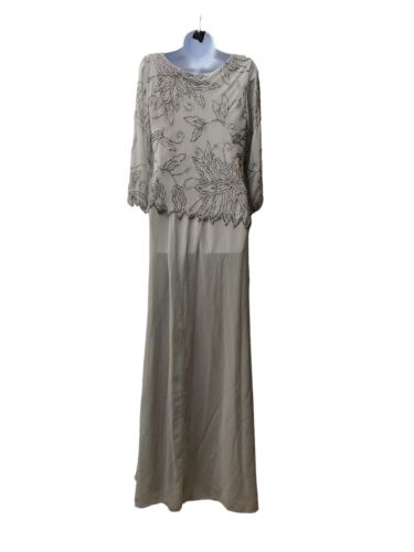 J Kara Women's 3/4 Floral Beaded Pop Over Gown Silver/Mercury 14W Full Length