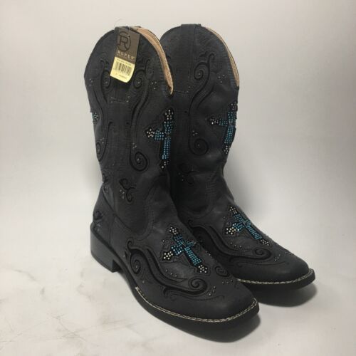 Roper Boots Ladies Black Faux Leather Crystal Cross Faith Cowboy Size 6