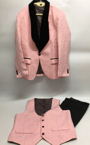 YFFUSHI Men's Jacquard Tuxedo 3 Piece Suit Slim Fit One Button Shawl Collar Pink