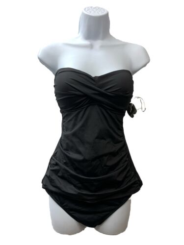 Anne Cole Solid Twist Front Shirred Bandeau Tankini MYMT25001 Swim Top M Black