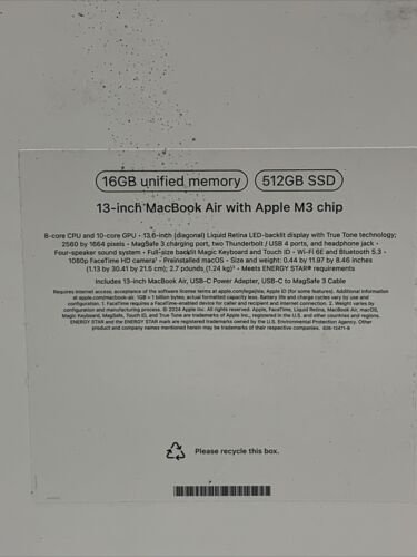 Apple 2024 Macbook Air 13" Laptop W/ M3 Chip 16GB RAM, 512GB SSD, Midnight A3113