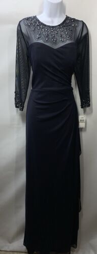 Alex Evenings Womens Size 12 Dark Navy Long Sleeve Jeweled Formal Dress 132833