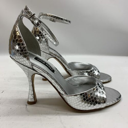 OINine West Women Kheri Heeled Dress Sandal Silver Size 6 Open Toe Tapered Heel