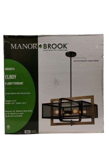 Manor Brook Elroy MB00876 4-Light Black and Wood Grain Pendant 12.75" H 21.5" W