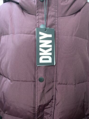 DKNY Men's Arctic Cloth Hooded Extra Long Parka Jacket Large Plum Long Sleeve