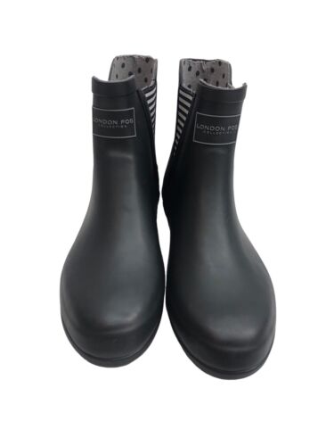 LONDON FOG Womens Piccadilly Rain Boot Black Matte Size 10M Pull-On Calf High