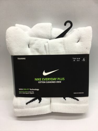 Nike Dri-Fit Crew Sock US 9-12 Large White Arch Support SX4446-101 6-Pair Pack