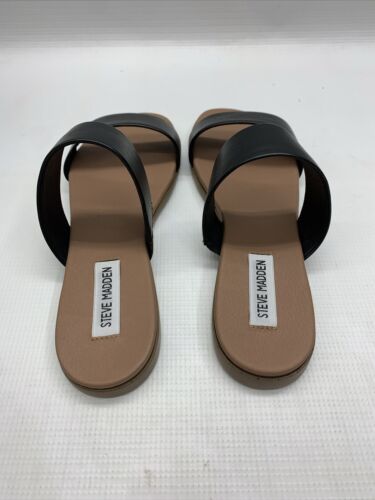 STEVE MADDEN Dual Strap Flat Sandal Women's Size 8.5 Black Leather Open Toe