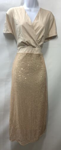 Grace Karin Beige Sequin Cocktail Party Midi Dress Tie Waist Side Slit Size L