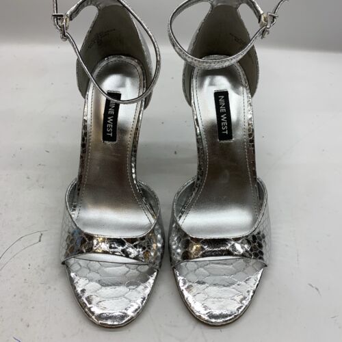 OINine West Women Kheri Heeled Dress Sandal Silver Size 6 Open Toe Tapered Heel