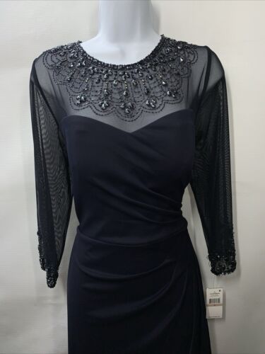 Alex Evenings Womens Size 12 Dark Navy Long Sleeve Jeweled Formal Dress 132833