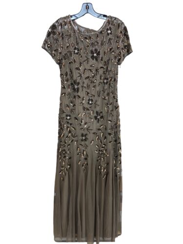 Adrianna Papell Women's Short Sleeve Blouson Beaded Gown Dress w/Godets Size 10