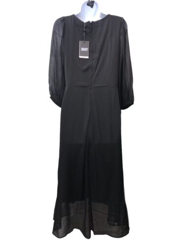 DKNY Women's Pleated Faux Wrap Dress Black Size 10 Chiffon Midi 3/4 Sleeves