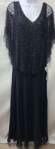 J Kara Women's Petite Beaded Capelet Long Dress Navy Blue Size 8 Sleeveless