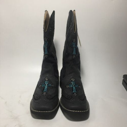 Roper Boots Ladies Black Faux Leather Crystal Cross Faith Cowboy Size 6