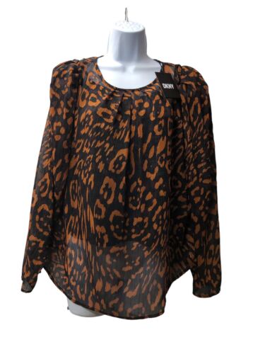 DKNY Women's Chiffon Peasant Printed Top Pleated Shirt Size Medium Long Sleeve