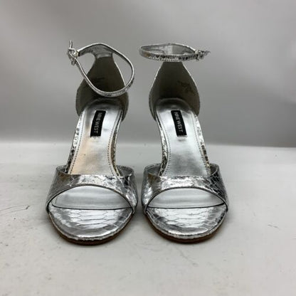 OINine West Women Kheri Heeled Dress Sandal Silver Size 6 Open Toe Tapered Heel