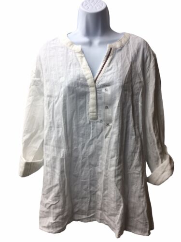 Tommy Hilfiger Women's Long Sleeve Popover Y-Neckline Shirt- White - Size XL