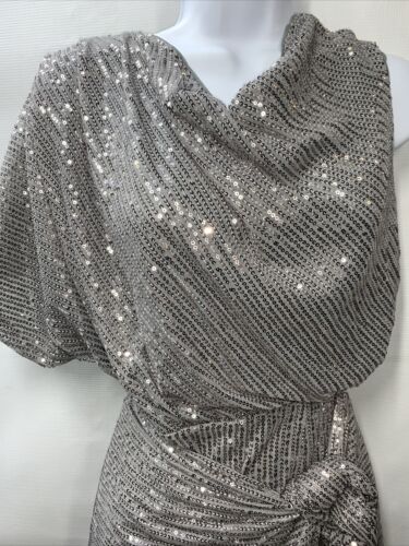 Grace Karin Silver Sequined Wrap Formal Dress One Shoulder Sleeve Size Medium