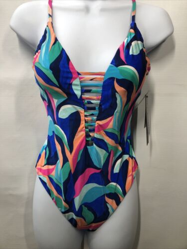 La Blanca Painted Plunge Mio Swimwear One-Piece Women's Swimsuit Size 4 LB3ZP09