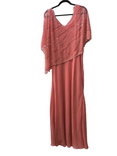 J Kara Women's Capelet Occasion Beaded Dress Coral Pink Size 10 V-Neck Pull On