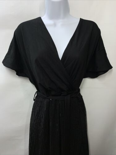 Grace Karin Sequin Cocktail Party Midi Dress Tie Waist Side Slit Size XL Black