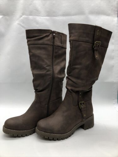 Global Win Brown Knee High Riding Boots Chunky Low Heels For Women Size 7 US